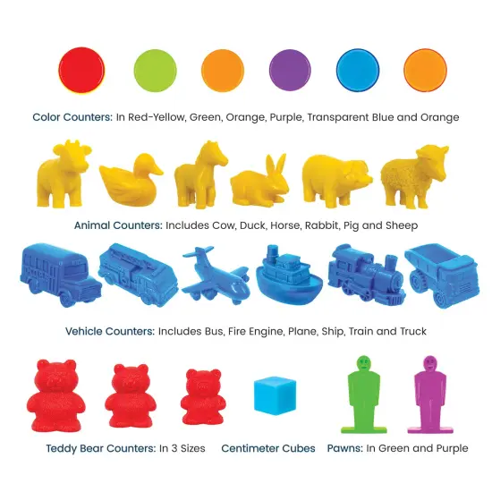 Junior Learning: Counters Multi-Pack - 555 Various Pieces - Multiple Colors-Shapes-Styles, Animal-Vehicles-Cubes, Use For Kids Math & Learning Games {3}