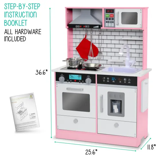 Lil' Jumbl Small Wooden Pretend Play Kitchen Set for Kids with Stovetop, Oven, and Interactive Features Pink {5}