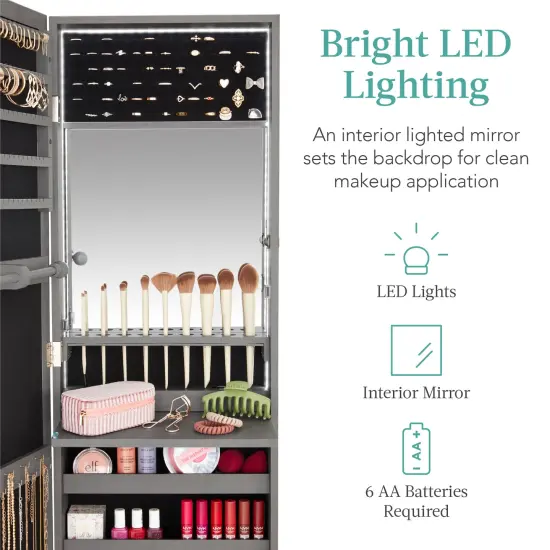 Best Choice Products Hanging Mirror Jewelry Armoire, Door or Wall Mounted Cabinet w/ LED Lights, Lock Gray Oak {3}