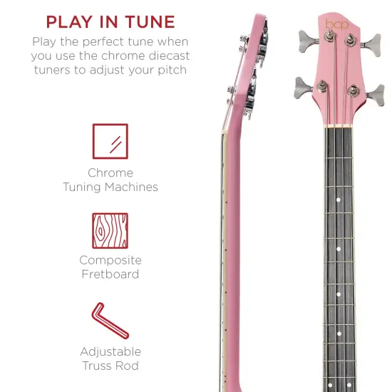 Best Choice Products 22-Fret Full Size Acoustic Electric Bass Guitar w/ 4-Band Equalizer, Truss Rod Pink {5}