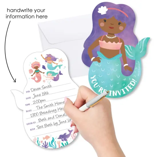 Big Dot of Happiness Mermaid Birthday Invitations, You're Invited Mermaid-Shaped Party Fill-In Invitation Cards with Envelopes, Set of 12 {3}