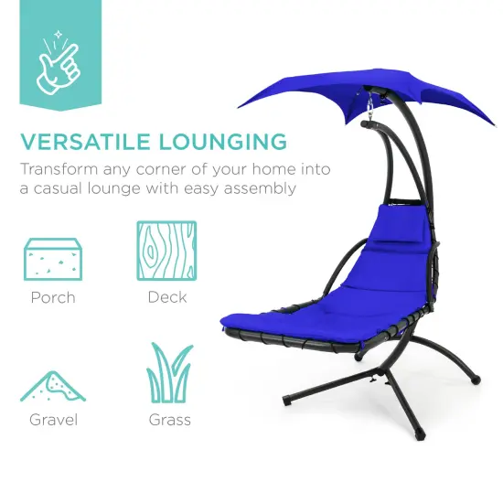 Best Choice Products Hanging Curved Chaise Lounge Chair Swing for Backyard, Patio w/ Pillow, Shade, Stand Resort Blue {5}