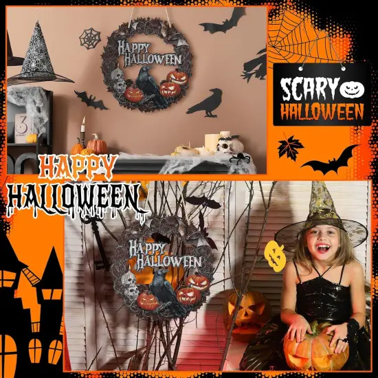 13 Inch Happy Halloween Sign Crow Pumpkin {4}