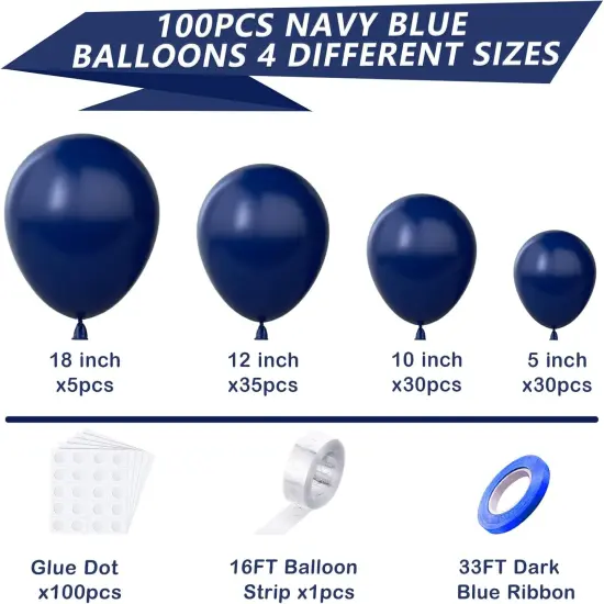 Navy Blue Balloons Latex Party Balloons Different Sizes 100Pcs 18 12 10 5In Blue Balloon Garland Arch Kit With Ribbon Balloon Strip For Birthday Wedding Anniversary Themed Party Decorations {3}
