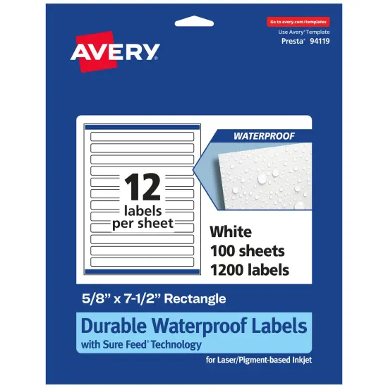 Avery Durable Waterproof Rectangle Labels with Sure Feed, 5/8" x 7-1/2" {1}