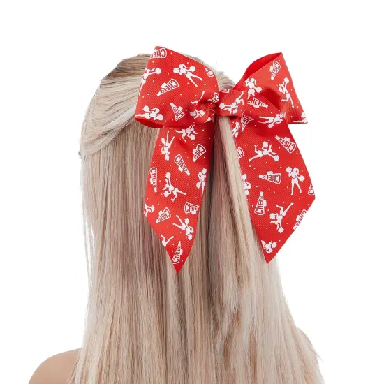 20 Pack 8 Inch Cheer Bows for Cheerleaders, Elastic Ponytail Holders for Women and Girls, Large Bulk Polyester Hair Ribbons for Softball, Volleyball, Gymnastics (2 Designs, Red) {3}