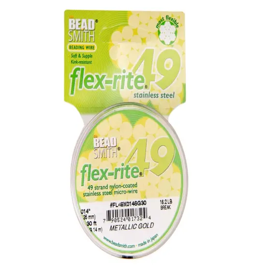 The Beadsmith Flex-Rite Beading Wire - Stainless Steel Micro Flexible Wire, 49 Strand, Gold, .014" Diameter, 30-Foot Spool, Nylon Coated {1}