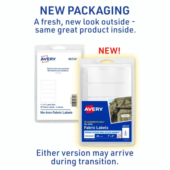 Avery No-Iron Fabric Labels, 1" x 3", Washer and Dryer-Safe Waterproof Labels, Non-Printable, 20 Blank Labels Total (40724) {2}