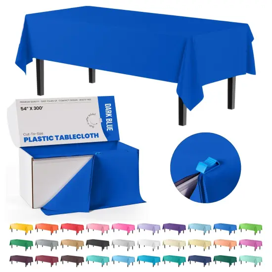  Party Solids 54" x 300' Plastic Table Cover Roll with Slide Cutter &ndash; Cut-to-Size Dispenser Box &ndash; Makes Up to 36 Disposable 8' Rectangle Tablecloths by Exquisite Dark Blue {1}