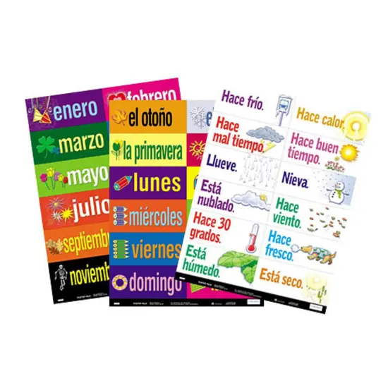 Poster Pals Spanish Educational and Language Teaching Chart posters,Classroom Decoration instruction, Months, Days, Seasons, Weather, FSL, 36 laminated card Set {3}