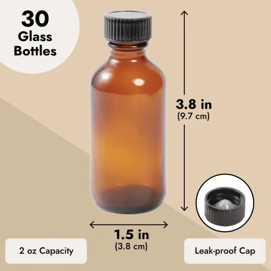 30-Pack 2 oz Amber Glass Bottles with Black Poly Cone Caps and 6 Funnels - Small Boston Round Bottle for Homemade Vanilla Extract, Essential Oils, Perfumes, Liquids Brown {3}