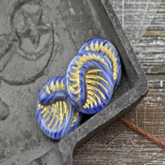 *6* 19mm Gold Washed Blue Hurricane Fossil Coin Beads {4}