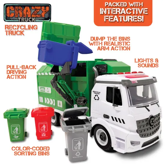Crazy Truck: Recycling Truck - Lights & Sounds City Vehicle Toy Set, Pull Back Action, Trash Cans, Info Flash Cards, Realistic Mechanical Arm, Kids 3+ {3}