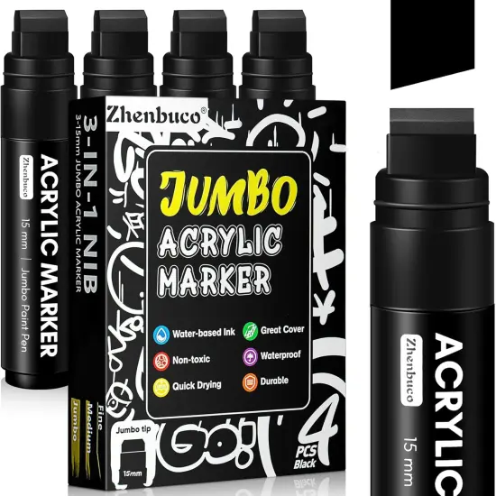 4 PCS Black Jumbo Permanent Markers - 15mm Wide Tip Thick Acrylic Paint Pen, Large Acrylic Paint Markers for Rock Painting, Calligraphy, Poster, Canvas, Sign, Glass, Wood, Metal, Ceramic {1}
