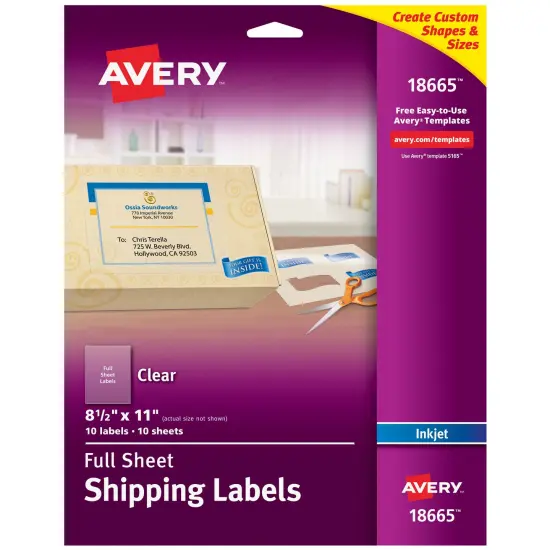 Avery Shipping Labels, Permanent Adhesive, Matte Frosted Clear, 8-1/2" x 11", 10 Labels (18665) {1}