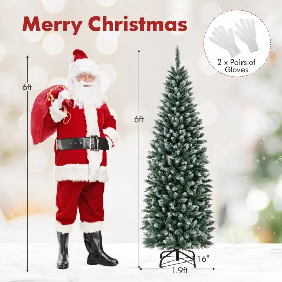 Costway 6FT/9FT Pre-Lit Christmas Tree Hinged Slim Pencil Xmas with 250/500 LED Lights {3}