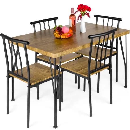 Best Choice Products 5-Piece Indoor Modern Metal Wood Rectangular Dining Table Furniture Set w/ 4 Chairs Brown {1}