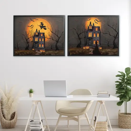 Haunted Houses with Moon 2pc Framed Giclee Art Set Black {2}