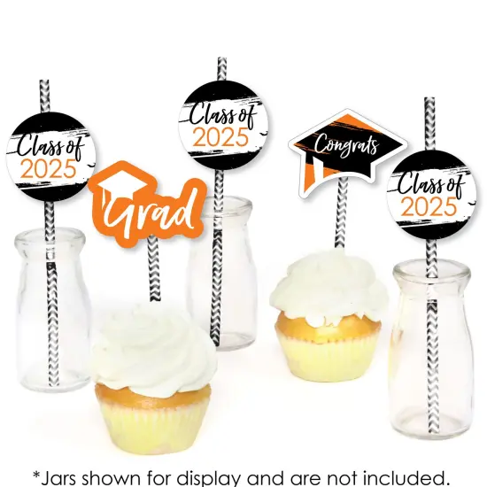 Big Dot of Happiness Orange 2025 Graduation Paper Straw Decor - Party Striped Decorative Straws - Set of 24 {6}