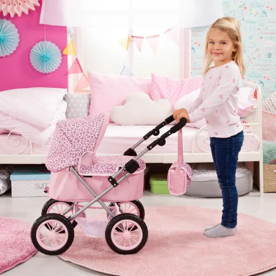 Bayer: Trendy Pram - Pink & Animal Print- Includes Shoulder Bag, Fits Dolls Up to 18", Adjustable Handle, Pretend Play, Shopping Basket {6}