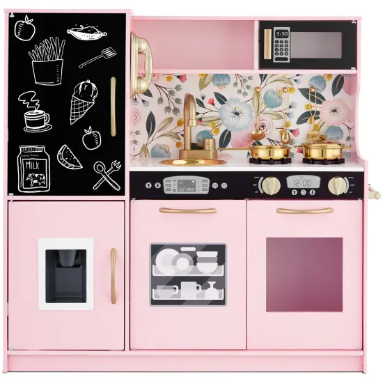 Best Choice Products Pretend Play Kitchen Wooden Toy Set for Kids w/ Telephone, Utensils, Oven, Microwave Pink Floral {1}
