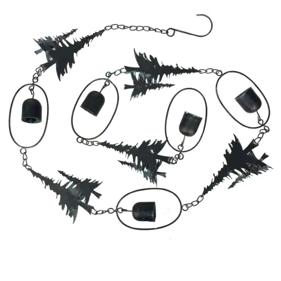 70" Metal Rain Chain - Forest Trees & Zen Bells, Aged Verdigris, 3.25" Diameter {1}