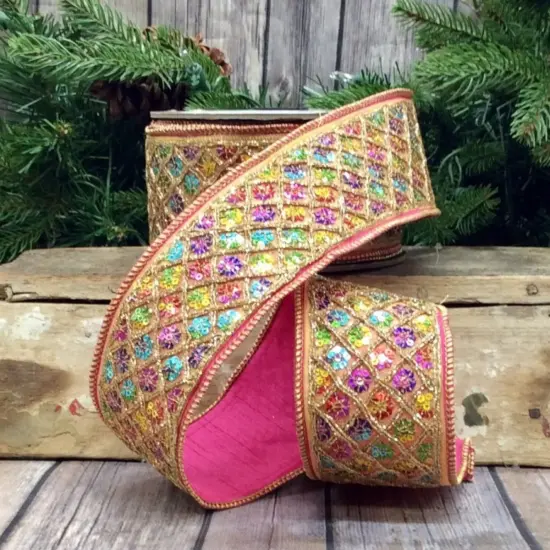 2.5" Dupion Multi Sequin Diamond Ribbon:Bright Pink (10 Yards) {2}