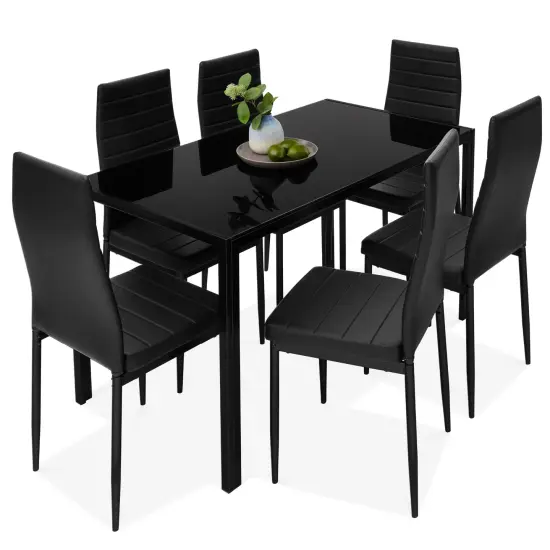 Best Choice Products 7-Piece Kitchen Dining Table Set w/ Glass Tabletop, 6 Faux Leather Chairs Black {1}