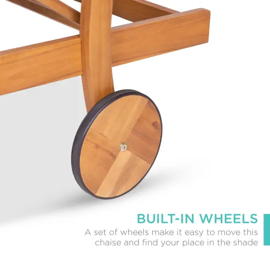 Best Choice Products 79x26in Acacia Wood Outdoor Chaise Lounge Chair w/ Adjustable Backrest, Table, Wheels Cream {6}