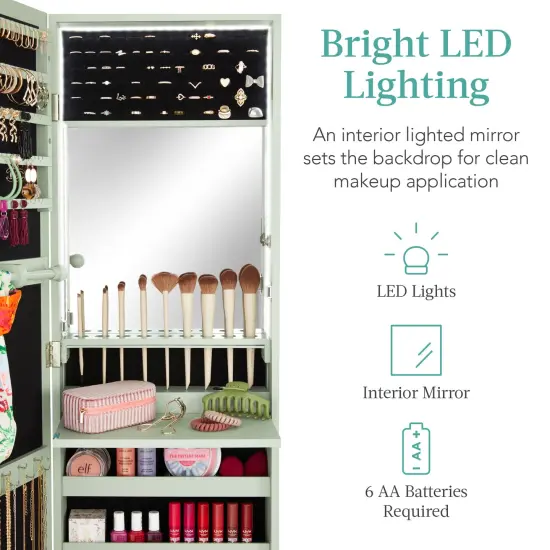 Best Choice Products Hanging Mirror Jewelry Armoire, Door or Wall Mounted Cabinet w/ LED Lights, Lock Sage {3}