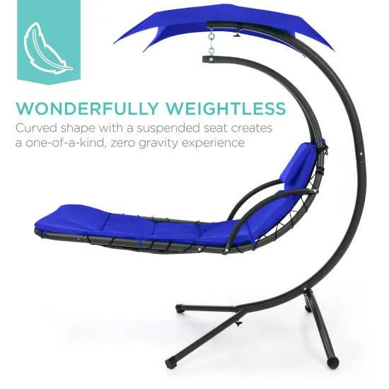 Best Choice Products Hanging Curved Chaise Lounge Chair Swing for Backyard, Patio w/ Pillow, Shade, Stand Resort Blue {2}