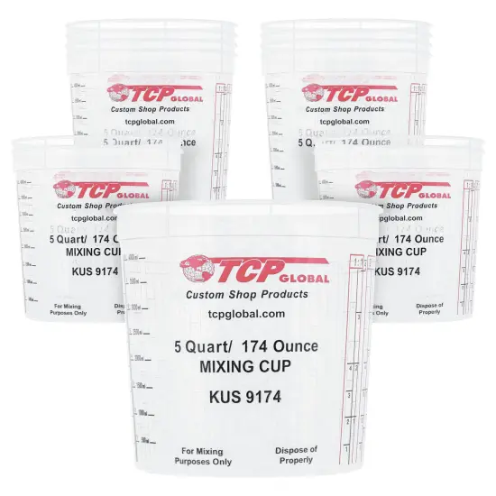 Paint Mixing Cups, 5-Quart (12 Pack) - Plastic Measuring Cups for Liquids, Automotive Painting, Epoxy Resin, Acrylic Arts, Crafts, Disposable or Reusable, Graduated, Mixing Ratios {1}