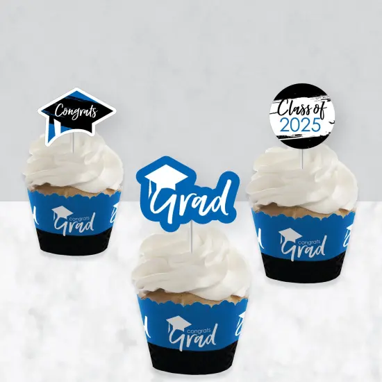 Big Dot of Happiness 2025 Blue Graduation Cupcake Decoration - Party Cupcake Wrappers and Treat Picks Kit - Set of 24 {4}