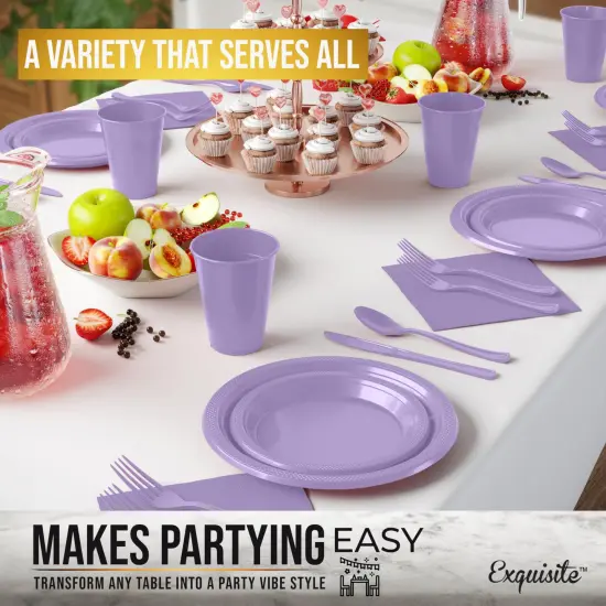 Exquisite 182 Pcs Plastic Plates for Party &ndash; Disposable Plates Set &ndash; 26 Each of 9" Dinner Plates, 7" Dessert Plates, Plastic Cups, Napkins & Plastic Cutlery &ndash; Plastic Dinnerware by Party Solids Lavender {6}