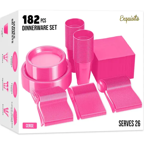 Exquisite 182 Pcs Plastic Plates for Party &ndash; Disposable Plates Set &ndash; 26 Each of 9" Dinner Plates, 7" Dessert Plates, Plastic Cups, Napkins & Plastic Cutlery &ndash; Plastic Dinnerware by Party Solids Hot Pink {1}
