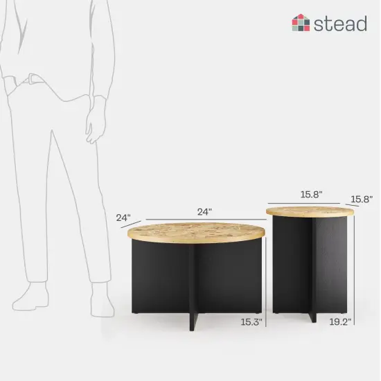 Stead Round Nesting Coffee Tables, 2 Piece Modern Home Decor, Solid Wood Base and Wood Burl Top (Blackened & Burl) {2}