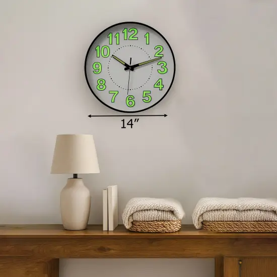 Clockswise 14" Decorative Glow in the Dark Quartz Wall Clock Battery Operated Classic Round Design Luminous Green Numbers & Hands Easy to Read Face for Home Office Classroom Hotel & Restaurant, Black {4}