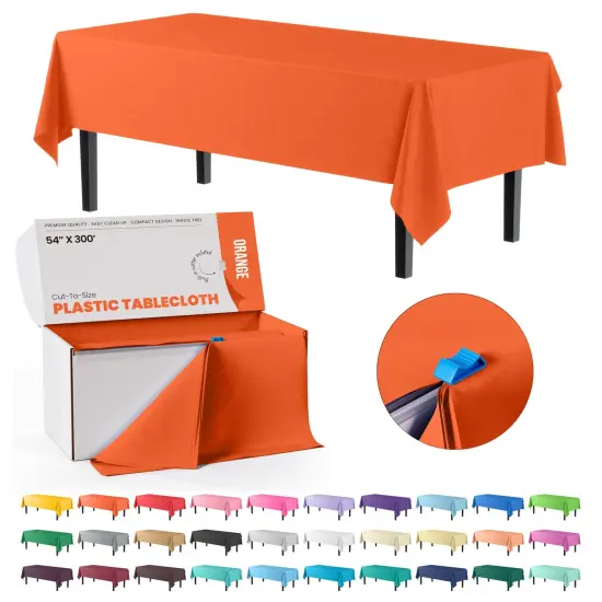  Party Solids 54" x 300' Plastic Table Cover Roll with Slide Cutter &ndash; Cut-to-Size Dispenser Box &ndash; Makes Up to 36 Disposable 8' Rectangle Tablecloths by Exquisite Orange {1}