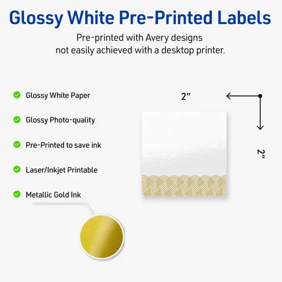 Avery Printable Square Labels with Sure Feed Technology, Pre-Printed Gold Lace Trim Pattern, Glossy White, 2" x 2", Laser & Inkjet Compatible, 120 Total, Great for Branding, Marketing, and Events {2}