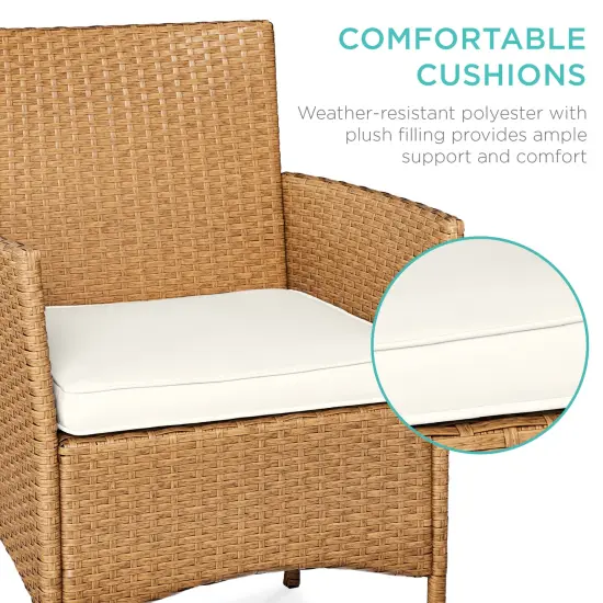 Best Choice Products 3-Piece Outdoor Wicker Conversation Patio Bistro Set, w/ 2 Chairs, Table Natural/Ivory {4}