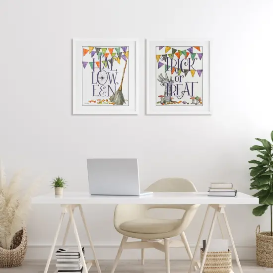 Spellbound Halloween Phrases 2pc Framed Print Under Glass Set White {2}