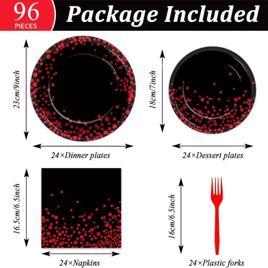 96 Pcs Black and Red Party Plates and Napkins Party Supplies Red Dot on Black Party Birthday Tableware Set Decorations Favors for Birthday Baby Shower Serves 24 {2}