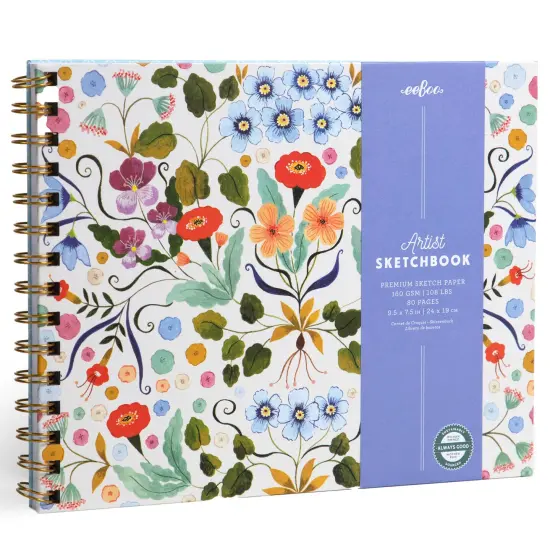 eeBoo Piece & Love: Artist Sketchbook - Flora's - 80 Pages, 9.5 x 7.5" Hardcover Spiral Book, 160 GSM, 108 LBS Drawing Paper, Cream w/ Flowers Cover {1}