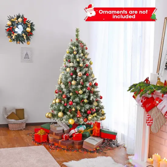 Costway 5FT/6.5FT/7.5FT Artificial Christmas Tree Hinged with 200/420/560/650 Warm LED Lights & 126/207/267/309 Red Berries {4}