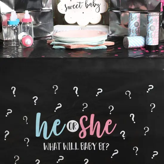 Gender Reveal Party Plastic Tablecloth, He or She (54 x 108 in, 3 Pack) Black {6}
