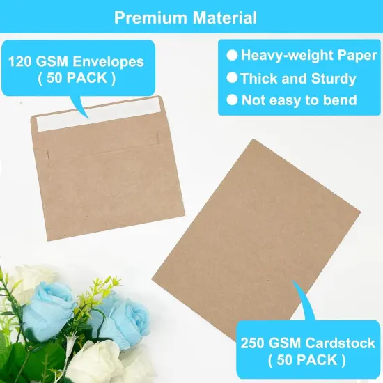 Blank Cards and Envelopes 4x6, 50 Pack Brown Blank Folded Greeting Cards and Envelopes Set with A4 Greeting Card Envelopes for DIY Greeting Cards, Thank You Cards, Invitations in All Occasions {3}