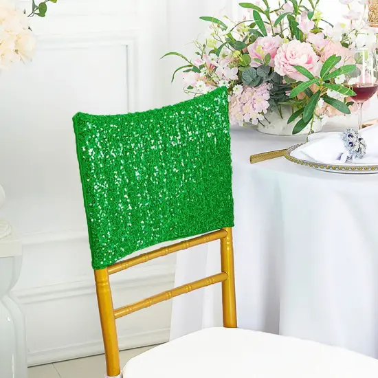 1 Piece Emerald Green Sequin Spandex Chair Cap 13.5 inch by 10 inch Event Cover {2}