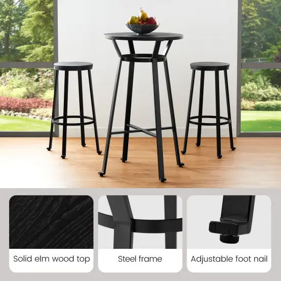 Set of 3 Steel Bar Table and Bar Stool Pub Set (1 Table+2 Stools) Black {4}