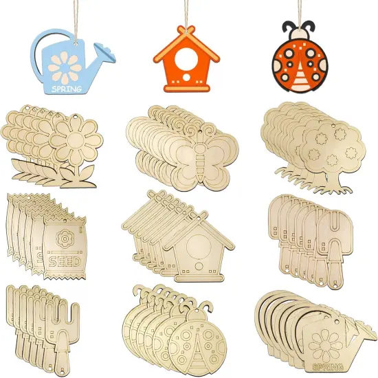 54 Pcs Wooden Spring Cutouts Ornaments to Paint - 6 Styles DIY Blank Unfinished Wood Cutouts Ornament for Home Crafts Hanging Decorations DIY Handmade Decoration Wooden Pendant (Garden) {6}
