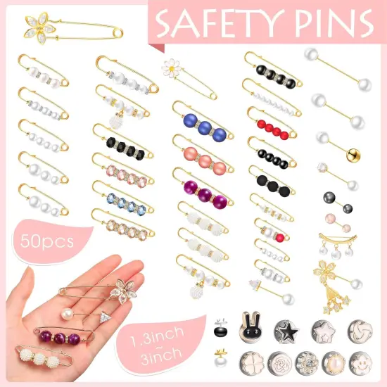 50 Pcs Charms for Socks with Storage Box Brooches and Pins for Women Pearl Brooches Decorative Safety Pin Jewelry Safety Pin for Clothing Dresses Decoration Accessories {2}